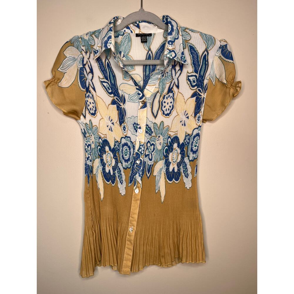 2000s Y2K Piano Tan White Blue Floral Accordion Scrunch Collared Top Shirt M